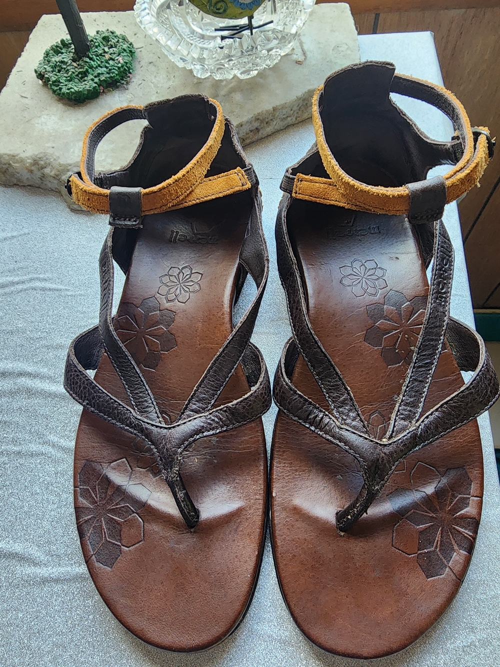 Merrell Brown Leather Sandals with Mustard Ankle Strap